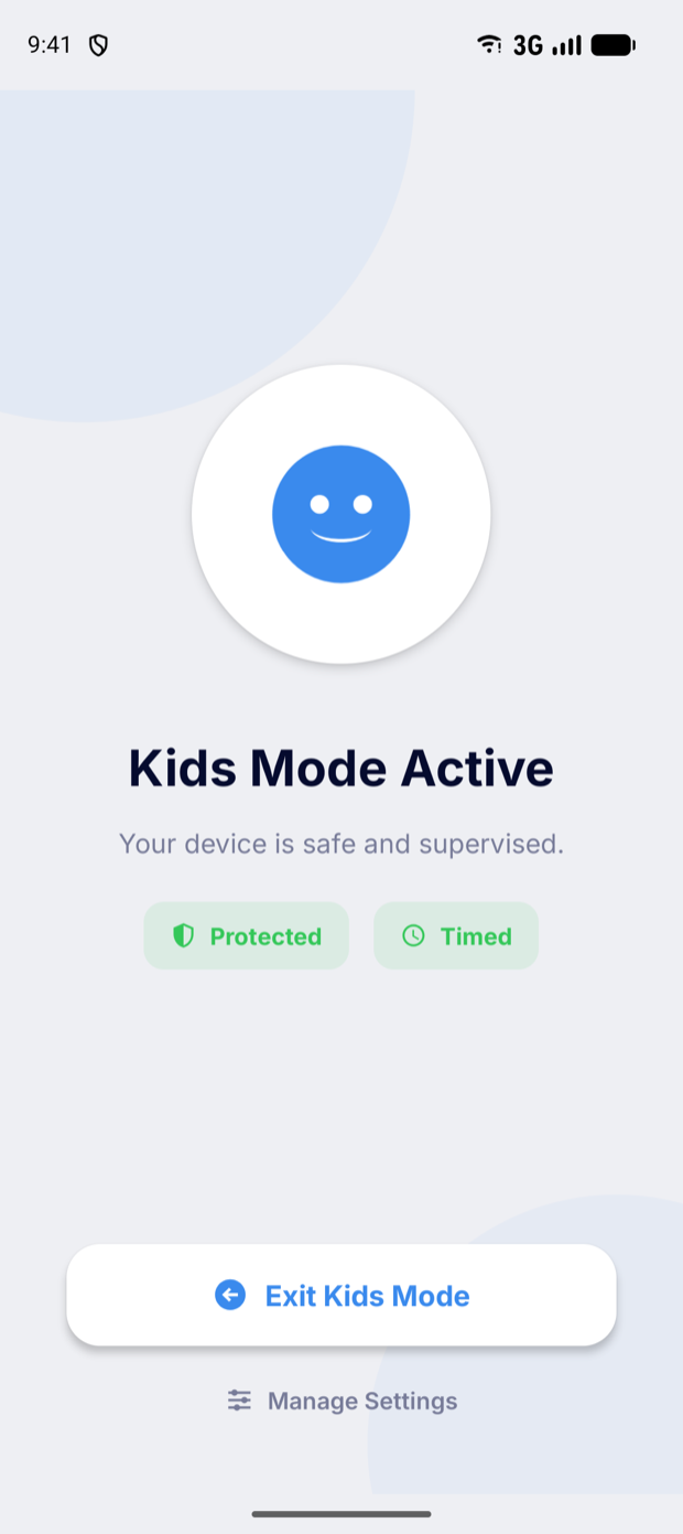 The Kids Mode Active screen