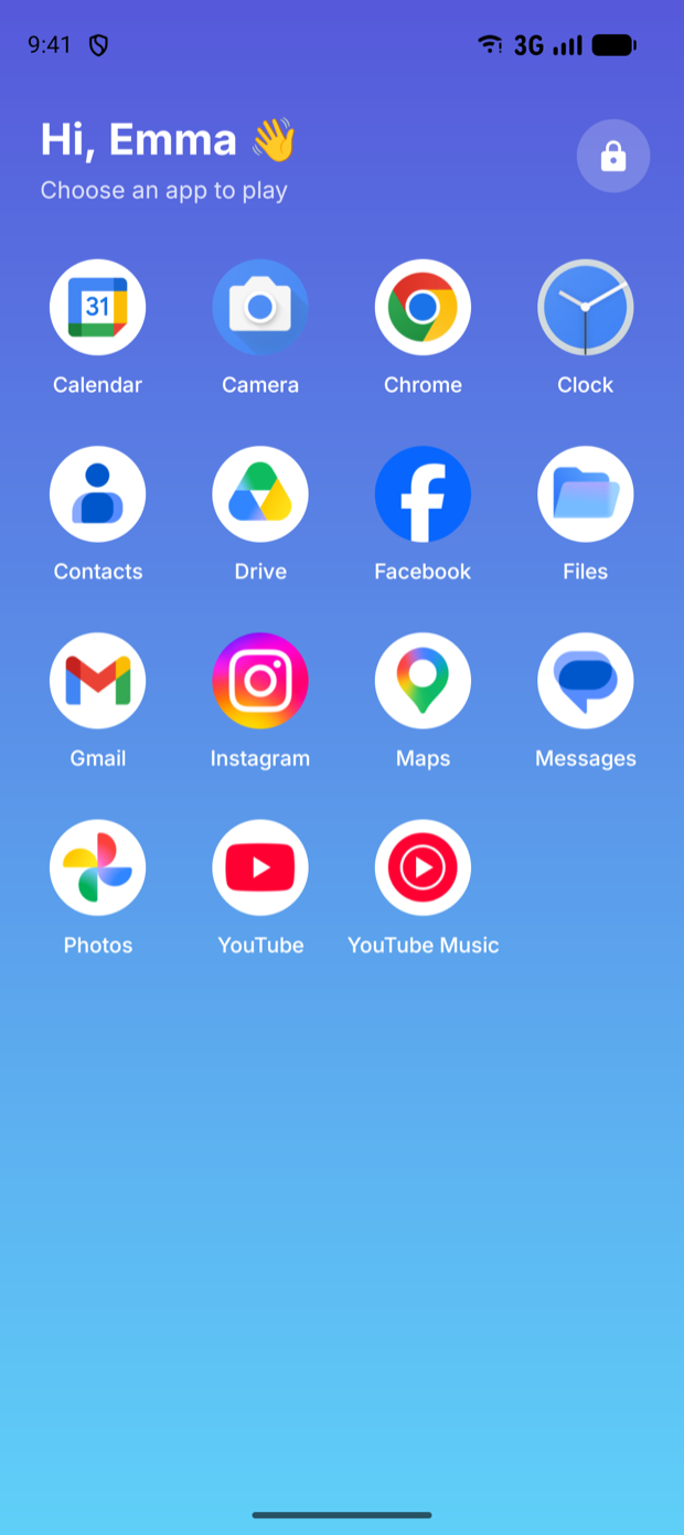 The child's home screen showing only allowed apps