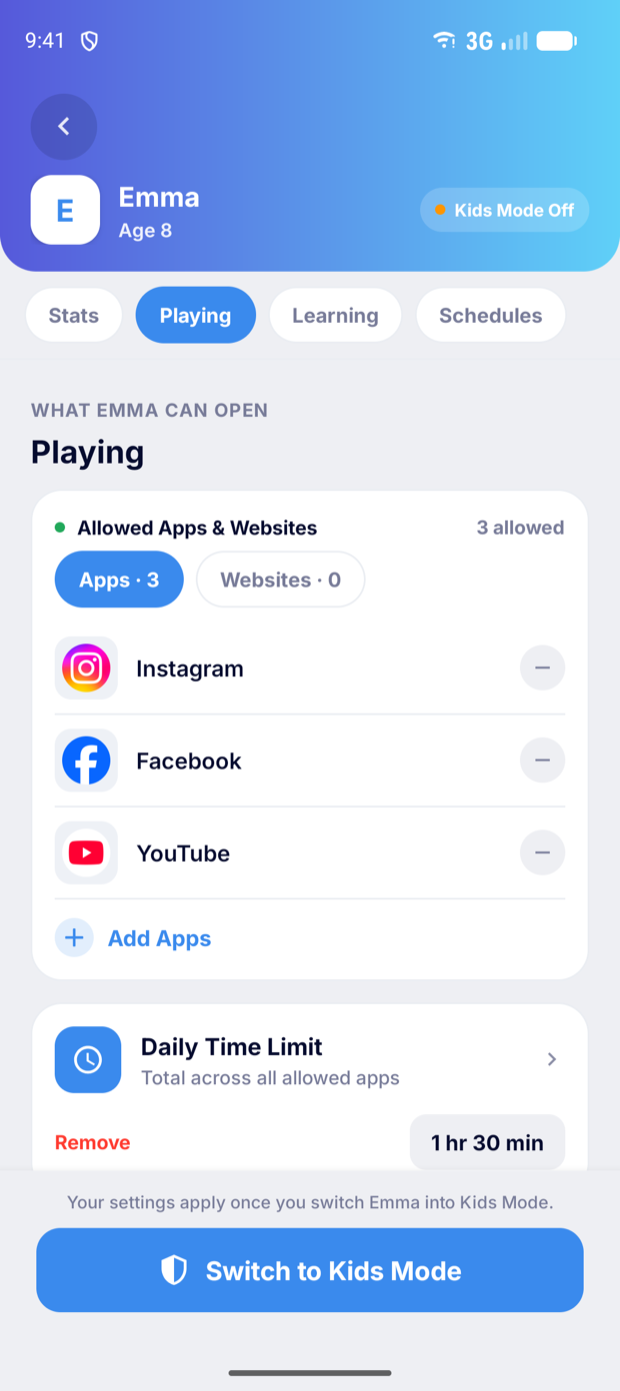 Setting a daily time limit for allowed apps